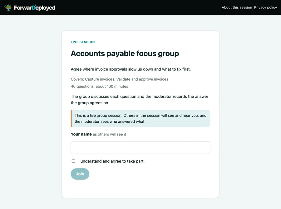 The join screen for a live meeting.